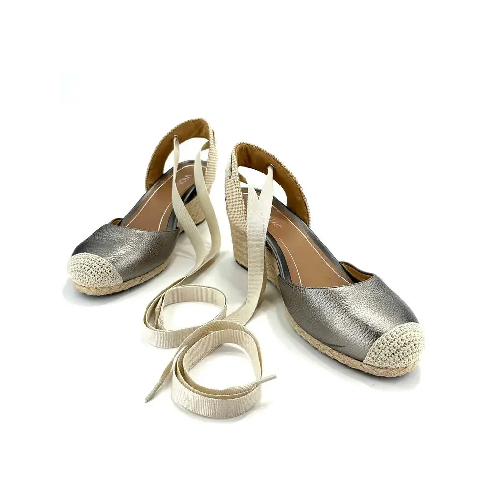 Vionic Maris Wedge Sandal Size 9/41 Gray/Pewter Leather Espadrille Closed Toe